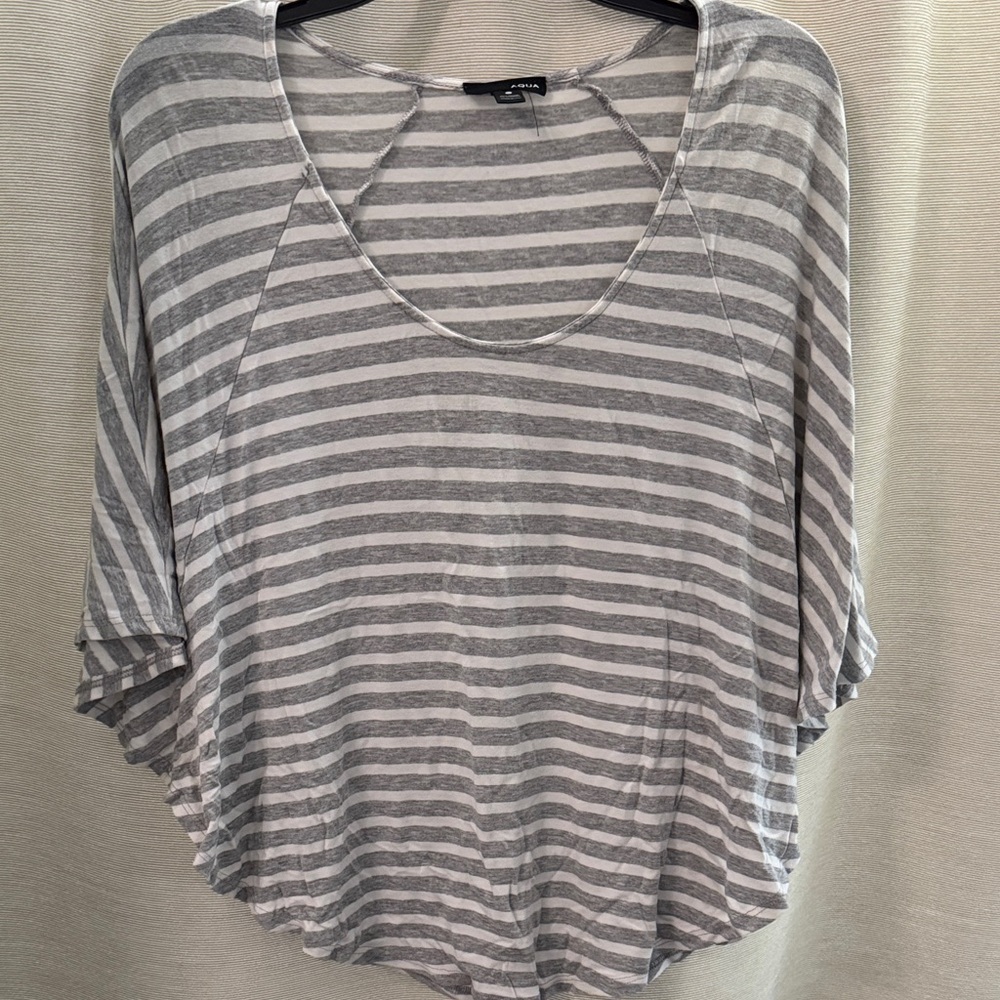 Aqua Gray and White Striped Short Sleeve Top